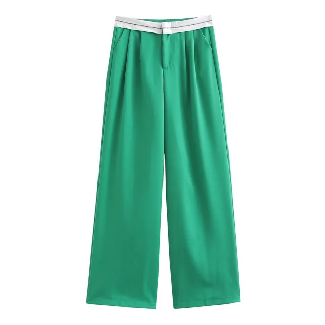 Multi color High Waist Straight Solid Color Contrast Color Casual Trousers Green - Shop at LoveMi