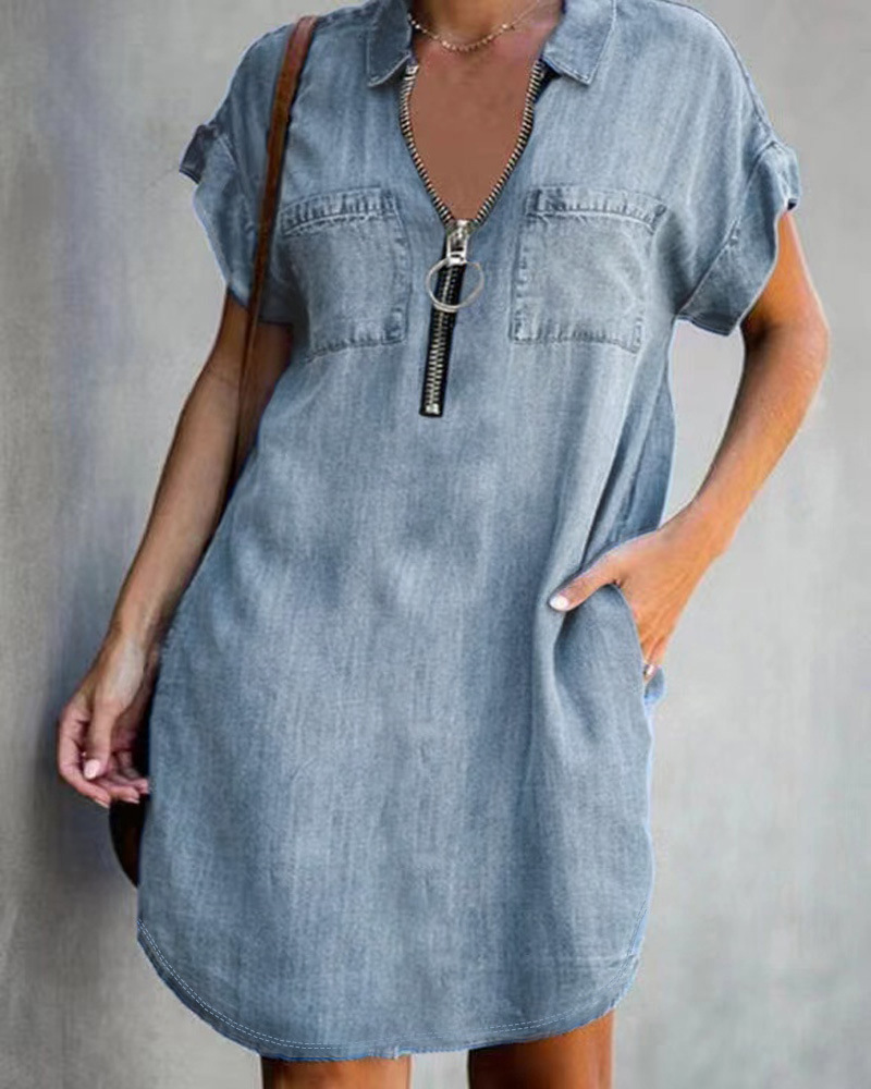 European And American Lapel Short Sleeve Loose Dress Denim Shirt Gray Grey - Shop at LoveMi