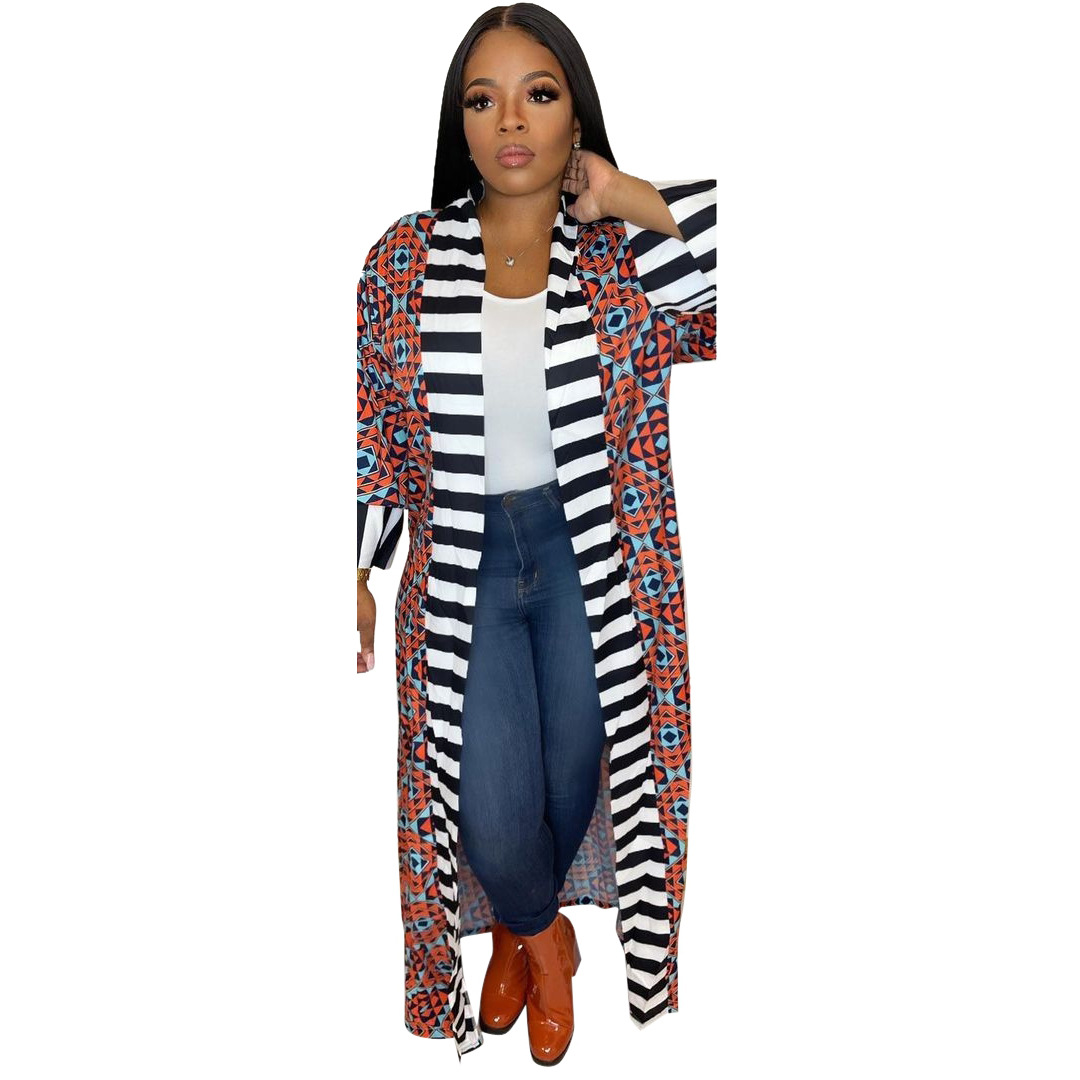 Women's Casual Fashion Striped Pattern Printed Long Sleeve Coat Dress