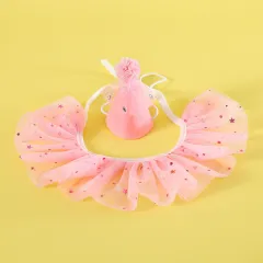 Pet Sequin Lace Bib Rhinestone Gauze Skirt Felt Hat - Rhinestone Pink Set - View 1