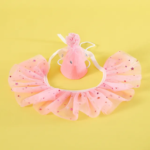 Pet Sequin Lace Bib Rhinestone Gauze Skirt Felt Hat Rhinestone Pink Set - Shop at LoveMi
