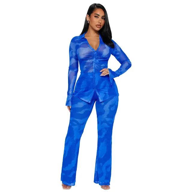 Sexy Fashion Mesh Floral Print Two piece Set Blue - Shop at LoveMi