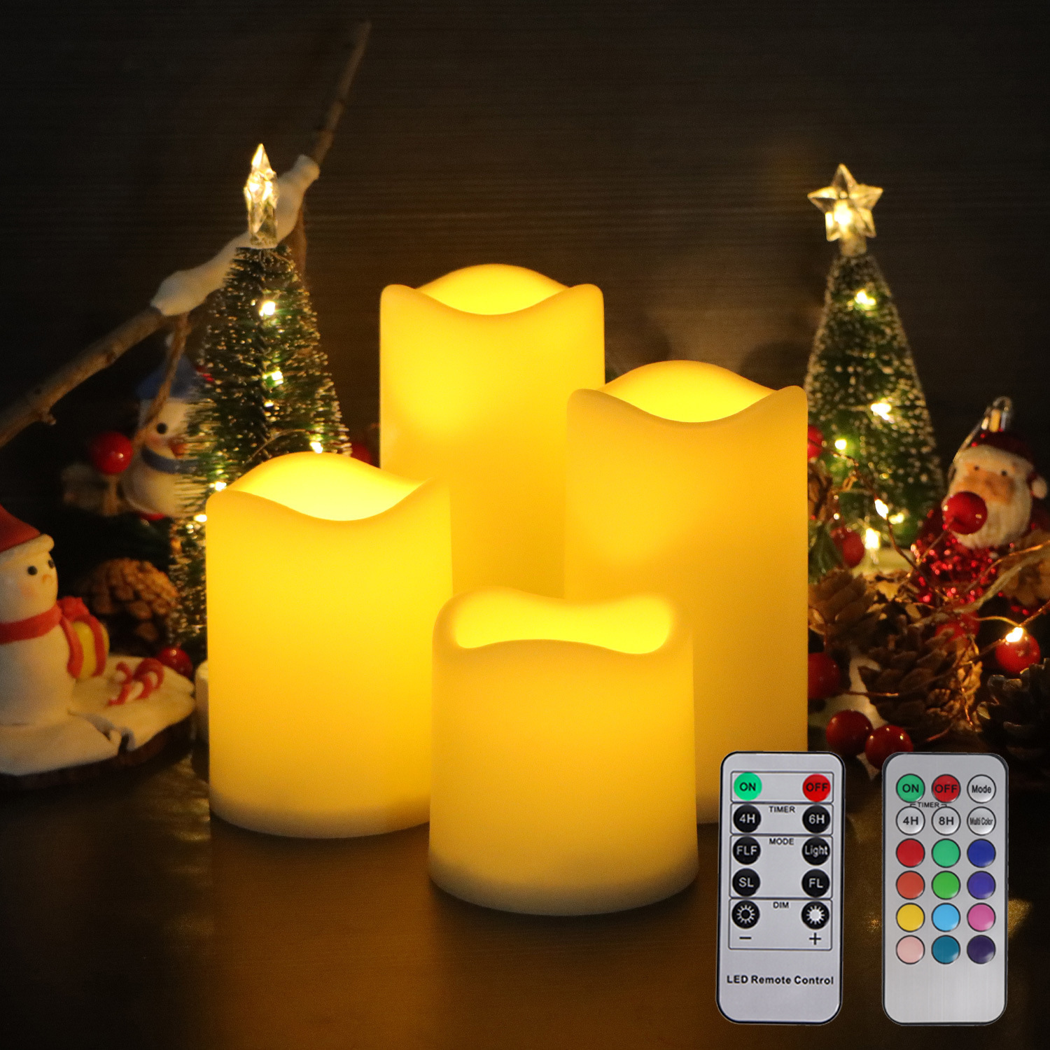 Set de 4 lumânări LED fără flacără - Lumânări din plastic cu telecomandă și temporizator, care își schimbă culoarea, pentru decorarea casei de Crăciun și
