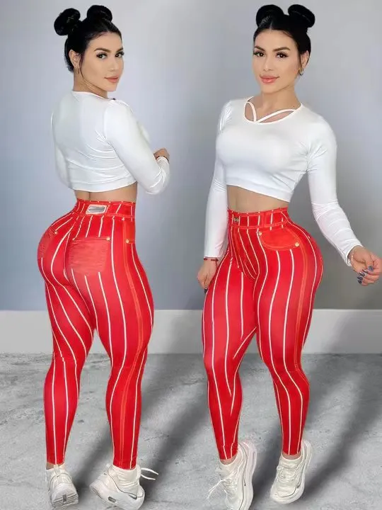 Denim Line Printing High Waist Yoga Pants Red - Shop at LoveMi