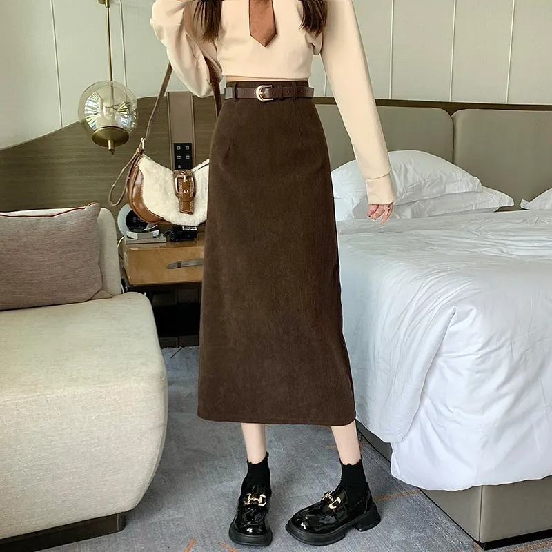 French-style Midi Corduroy Skirt - Brown With Belt