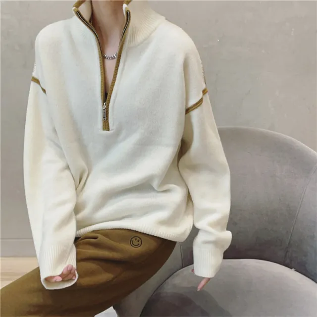 Stand Collar Zipper Loose Multicolor Fashion Sweater Women White - Shop at LoveMi
