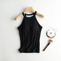 New Solid Colour Back Shaping Padded Halter Spaghetti Straps Vest - Black - View 1