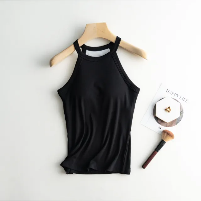 New Solid Color Back Shaping Padded Halter Spaghetti Straps Vest Black - Shop at LoveMi