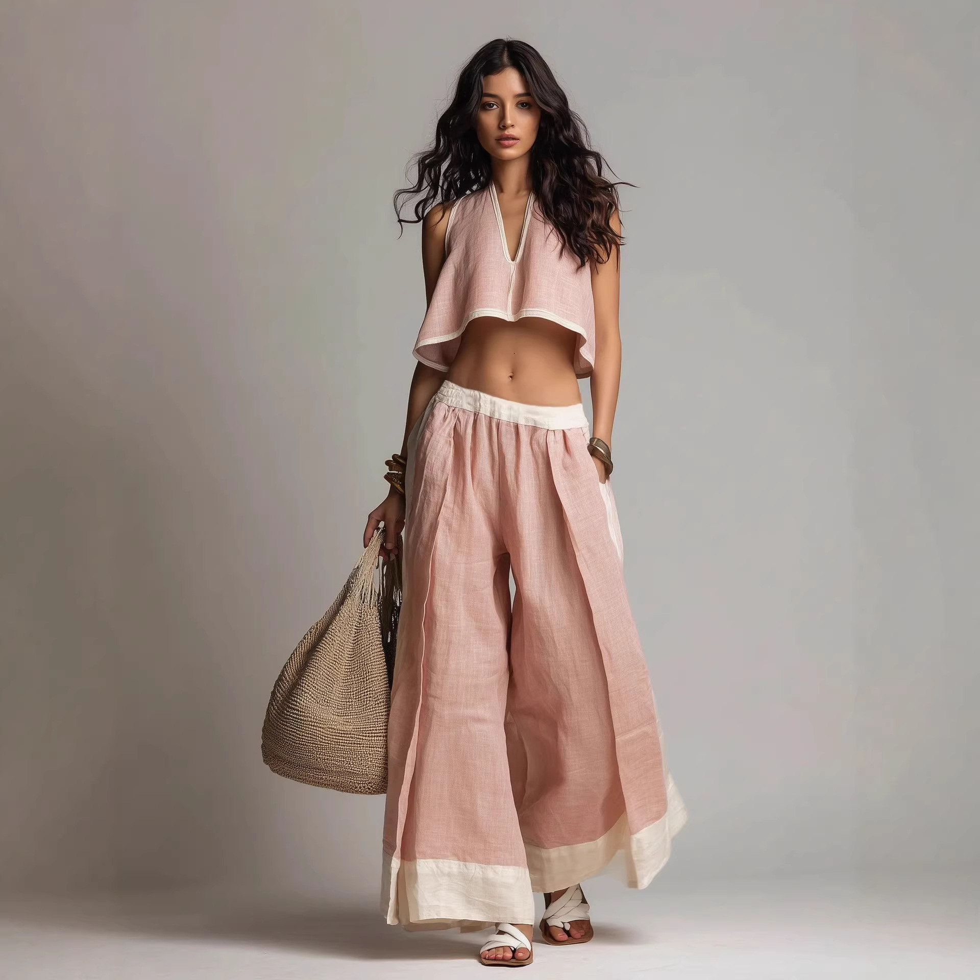 Casual Chic Solid Color Sleeveless V-Neck Set - Image 1