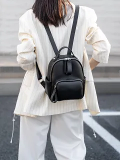 Retro Simple Colour Contrast Patchwork Genuine Leather Women's Backpack Commuter Lightweight Soft Cowhide - Black - View 1