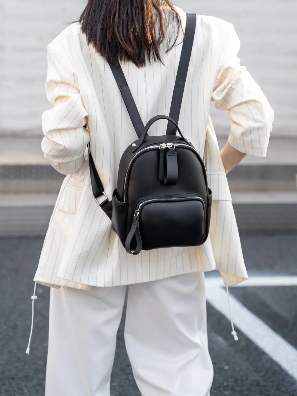 Retro Simple Color Contrast Patchwork Genuine Leather Women's Backpack Commuter Lightweight Soft Cowhide - Black