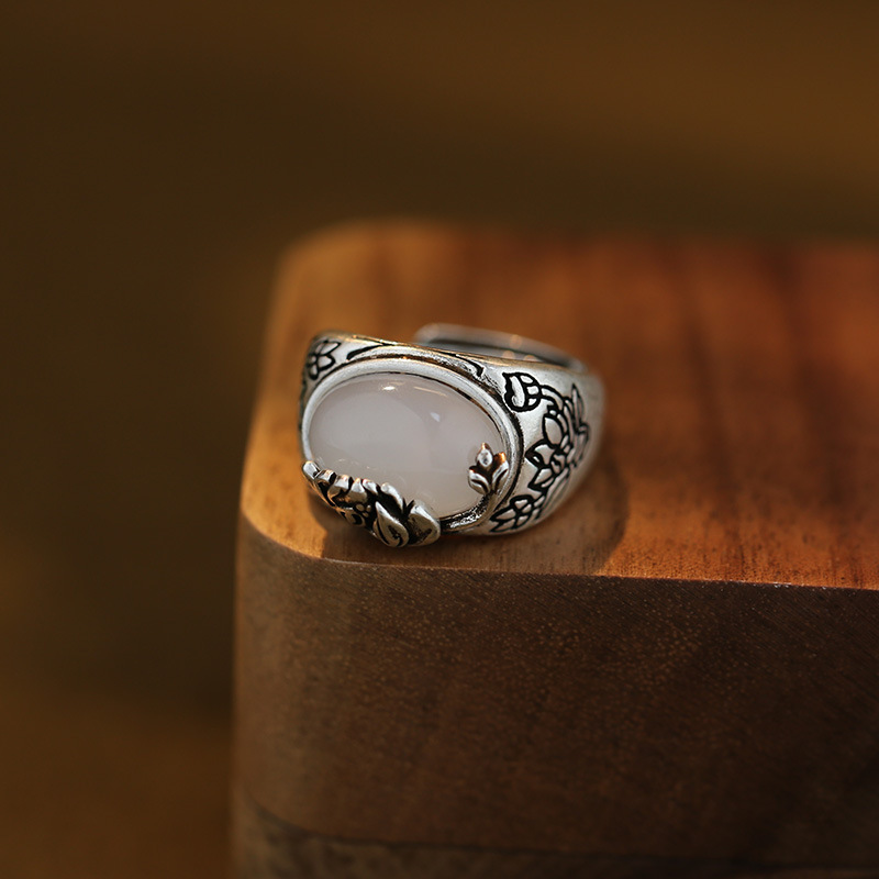 Vintage Distressed White Chalcedony Ring For Women