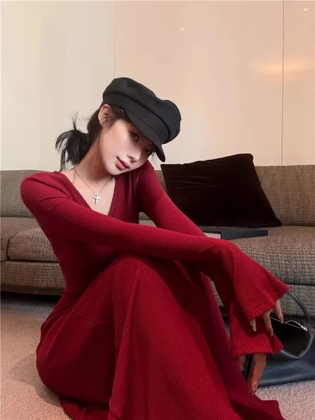 Vneck Longsleeve Knit Dress Red - Shop at LoveMi