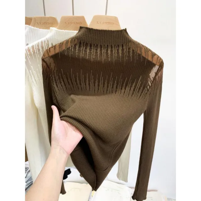 Mesh Lace Sweater Women's Half Turtleneck Coffee Color - Shop at LoveMi