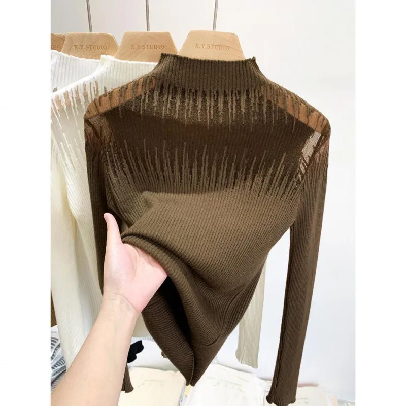 Mesh Lace Sweater Women's Half Turtleneck - Coffee Color