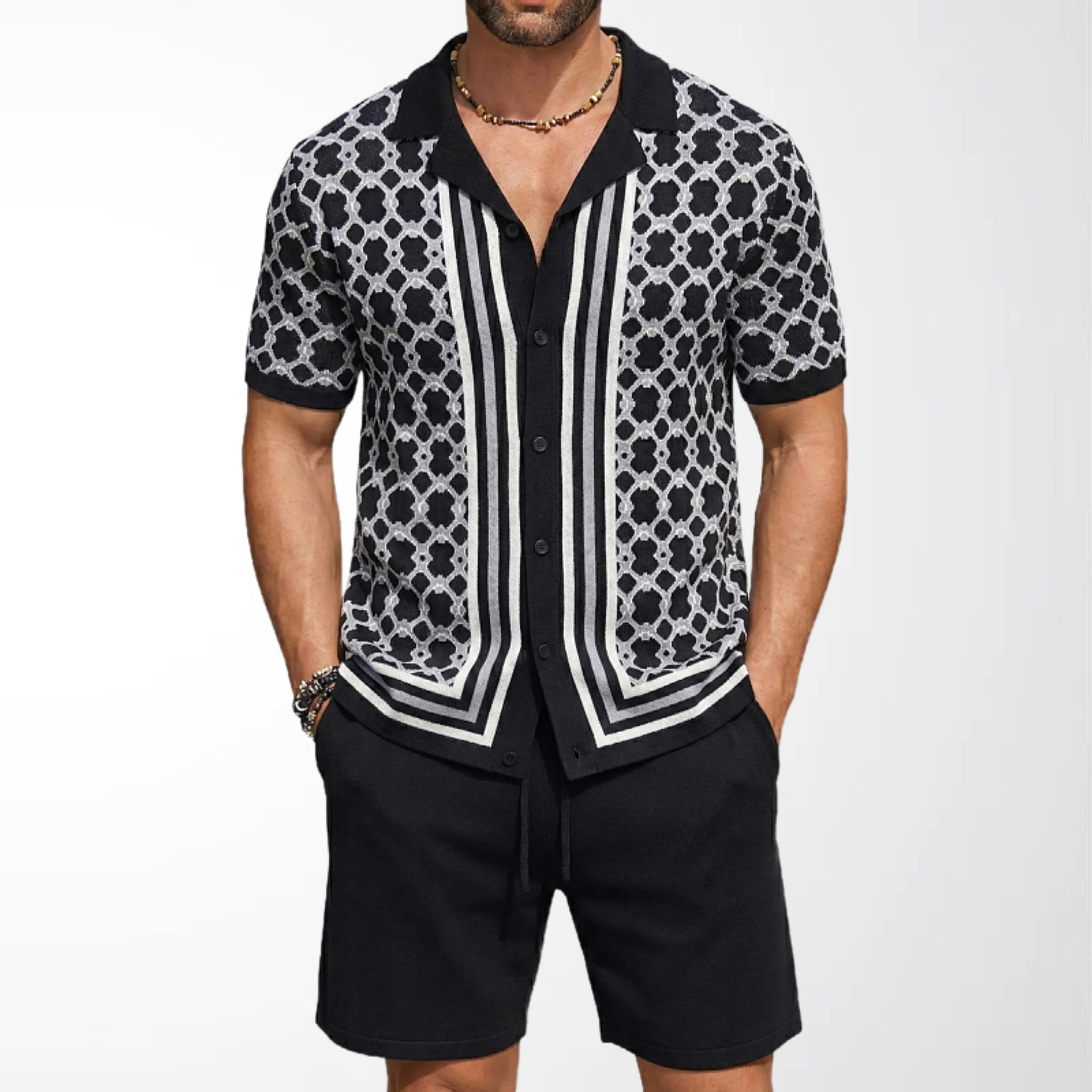 Geometric Jacquard Mens Cuban-Neck Knit Suit