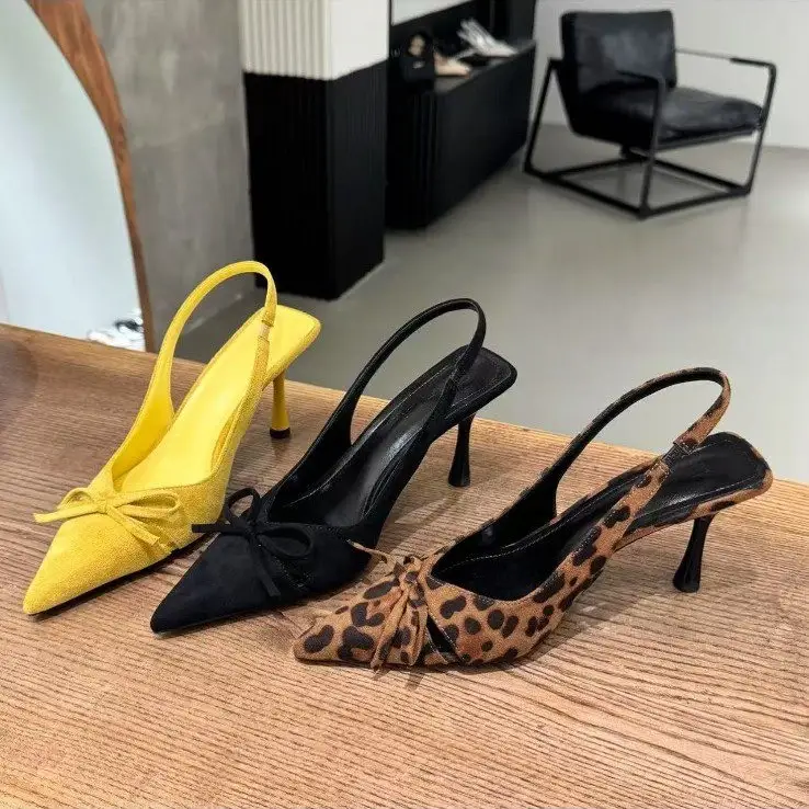 Pointed-toe Leopard-print Bow-covered Sandals Stiletto-heel Peep-toe Pumps