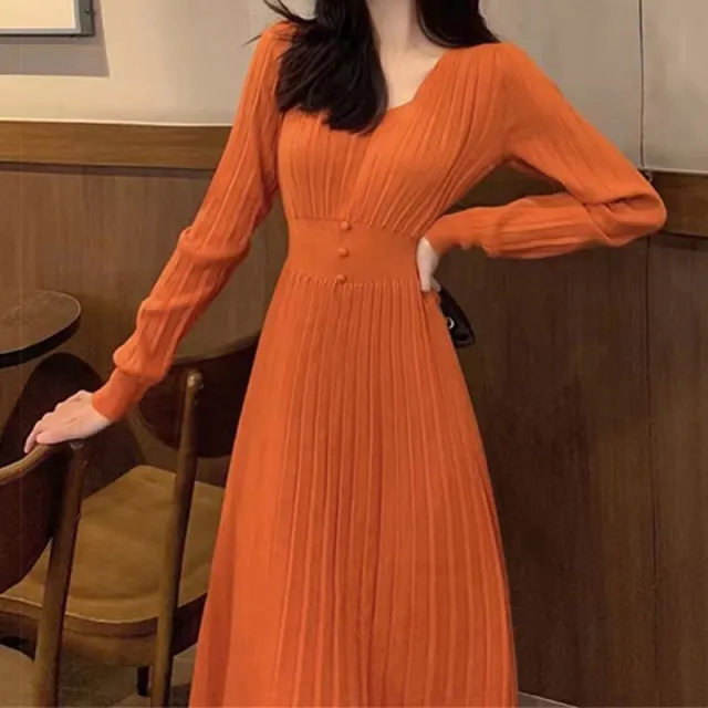 High waisted Dress With V neck Long Sleeve For Women Orange - Shop at LoveMi