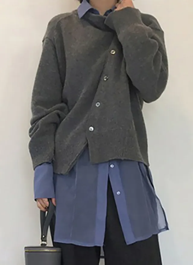 Diagonal Buckle Lazy Sweater Cardigan Round Neck Women's Knitted Coat Gray - Shop at LoveMi