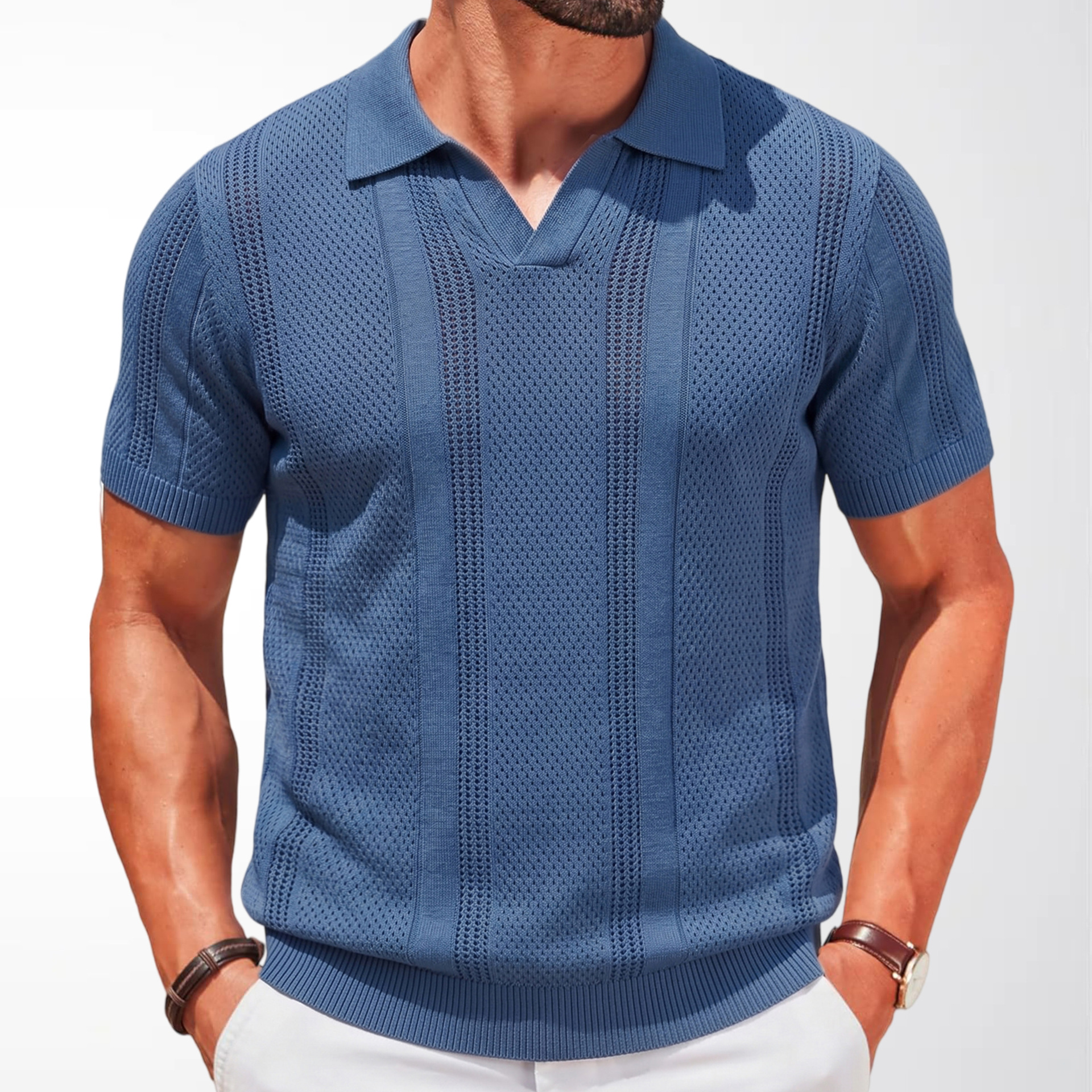 Mens Hollow-Out Knitted Polo Shirt