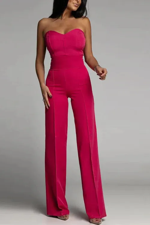Women's Slim fit Tube Top Straight Jumpsuit Red - Shop at LoveMi