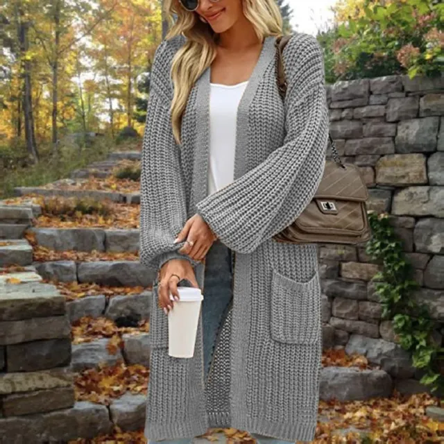 European And American Loose Lantern Sleeve Sweater Women's Cardigan Mid length Autumn And Winter Pocket Coat Gray - Shop at LoveMi