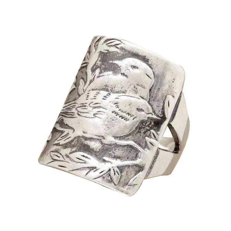 Carved Antique Silver Bird And Bamboo Retro-Style Ring - Square And Round Silver