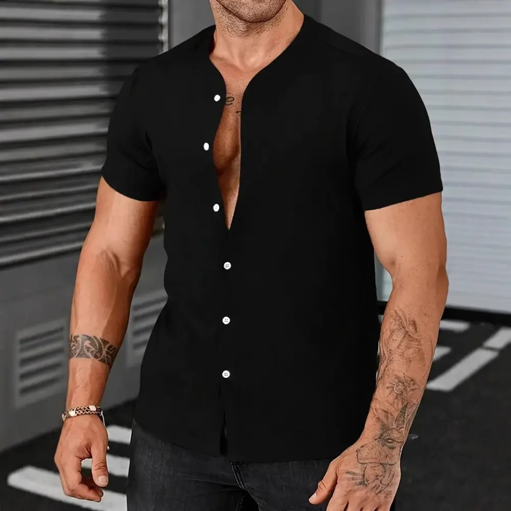 New Cardigan Stand Collar Men's Short-sleeve Shirts