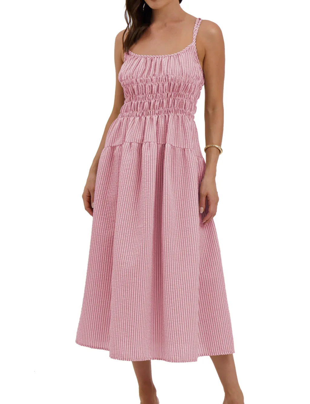 Women's Striped Strappy Waist-Cinching Slimming Dress - Pink