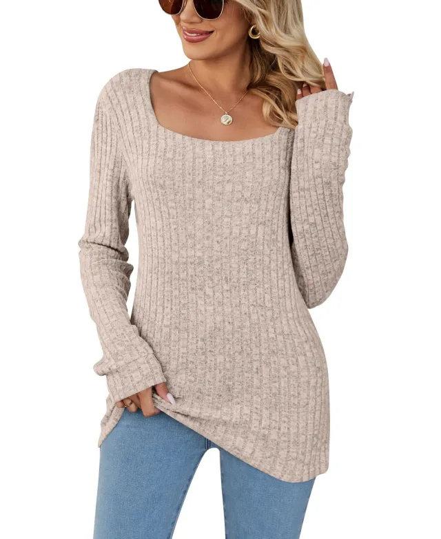 Square Collar Hollow Striped Brushed Casual Long Sleeve Oatmeal Color Xxl - Shop at LoveMi