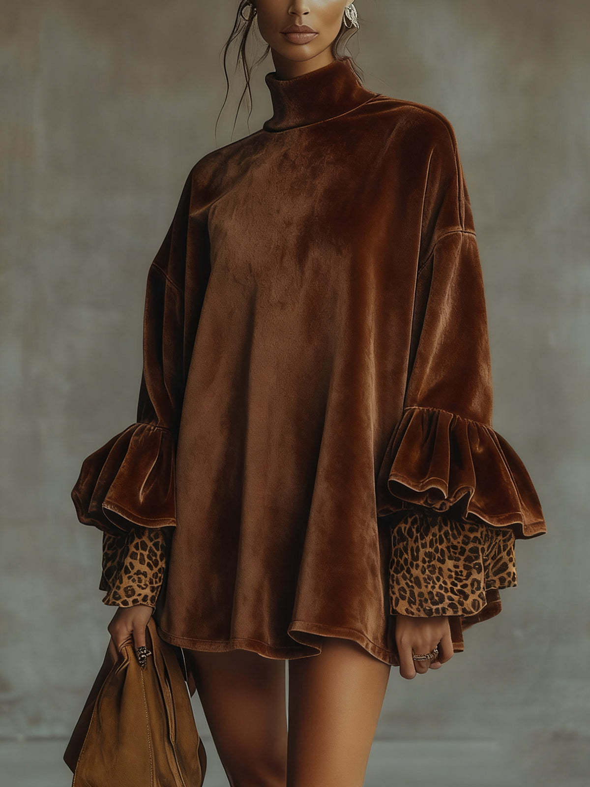 Autumn And Winter New Gold Velvet With Leopard Print Turtleneck Dress Gold - Shop at LoveMi