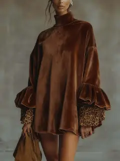 Autumn And Winter New Gold Velvet With Leopard Print Turtleneck Dress - Gold - View 1