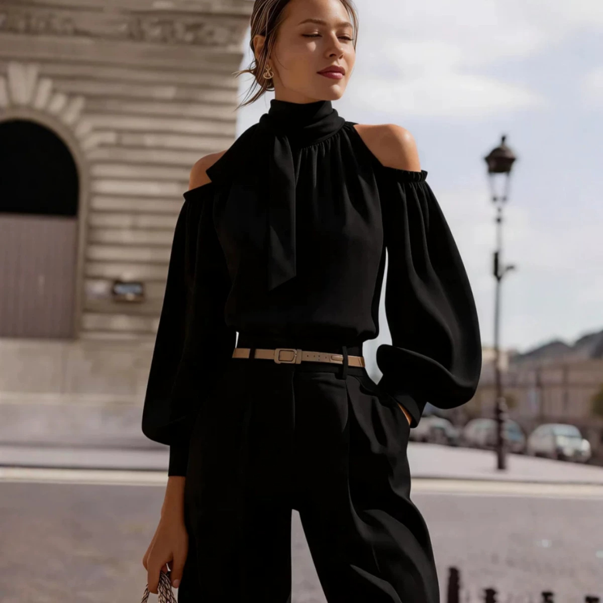 Womens Stand-collar Off-shoulder Top With Puff Sleeves