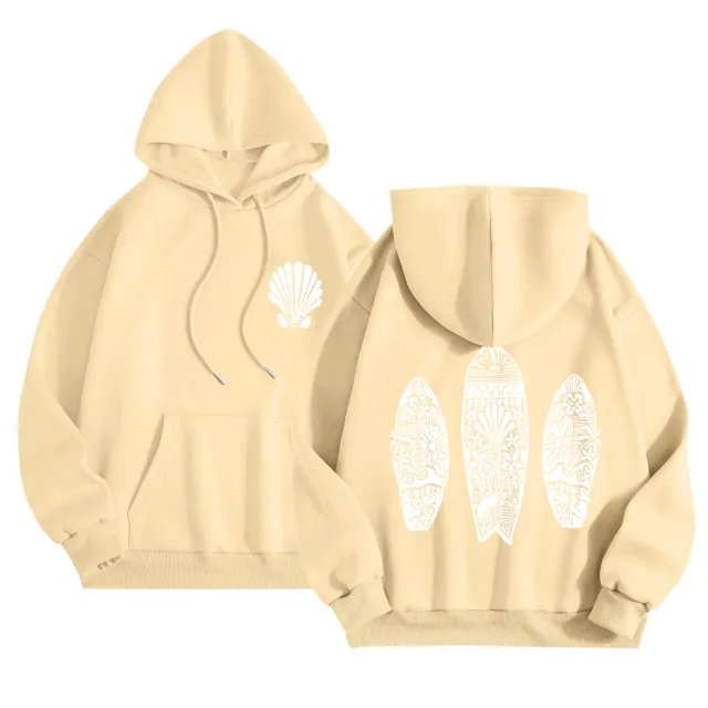 Simple Floral Letter Printing Drop shoulder Sleeve Ladies Hoodie Khaki - Shop at LoveMi
