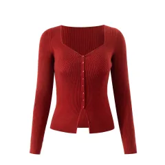 Female French Vintage Style Slim-fit Knitted Cardigan - Red - View 1