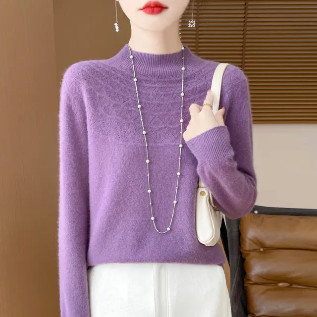 Front Line Ready made Garments Half collar Wool Sweater Women's Inner Wearing Hollow out Loose Knitted Base Dark Blue Purple - Shop at LoveMi