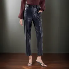 High Waist Matte PU Leather Straight-leg Trousers - Black - View 1