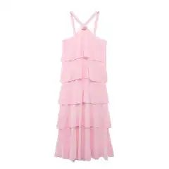 Ruffled Halter Flower Sleeveless Dress - Pink - View 1