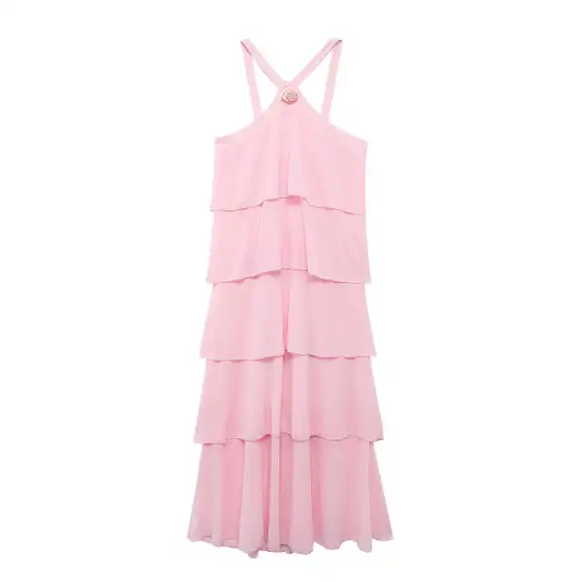 Ruffled Halter Flower Sleeveless Dress Pink - Shop at LoveMi