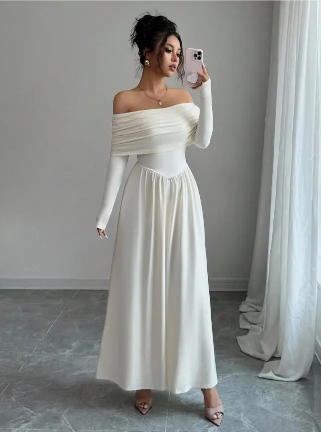 Women's Solid Color French Style Off the Shoulder Knitted Dress White - Shop at LoveMi