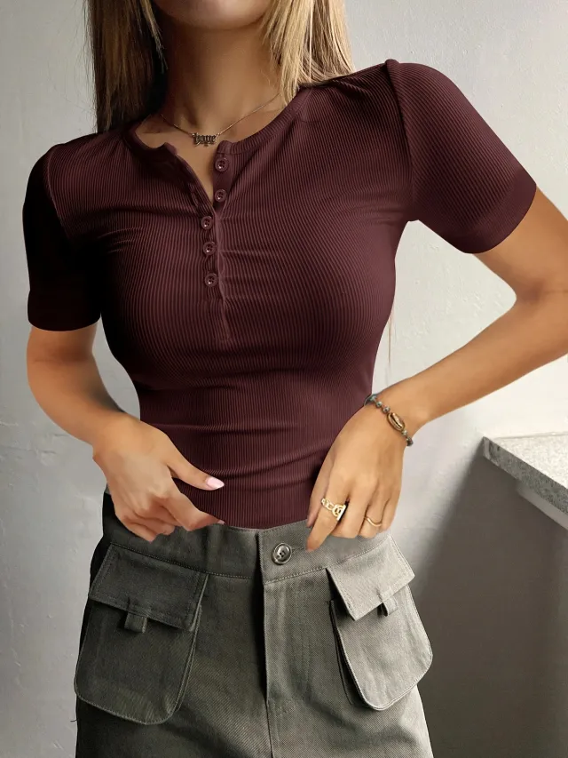 Women's Short Sleeve Button Rib Slim Fit Knitted Sweater Wine - Shop at LoveMi