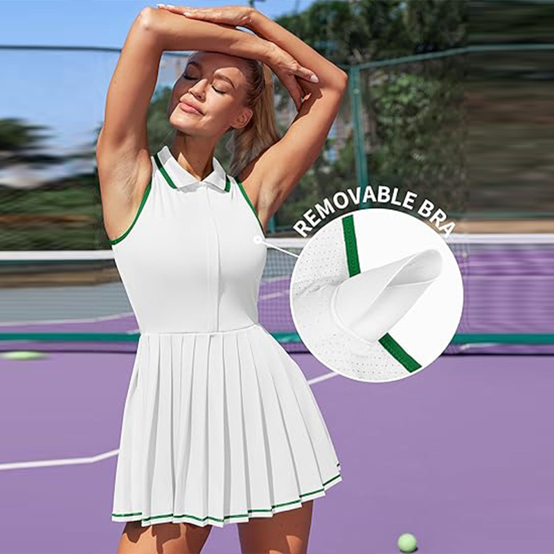 Contrast Color Polo Collar Tennis  Golf Dress Half Zipper Pleated Fitness Exercise Skirt - Image 8