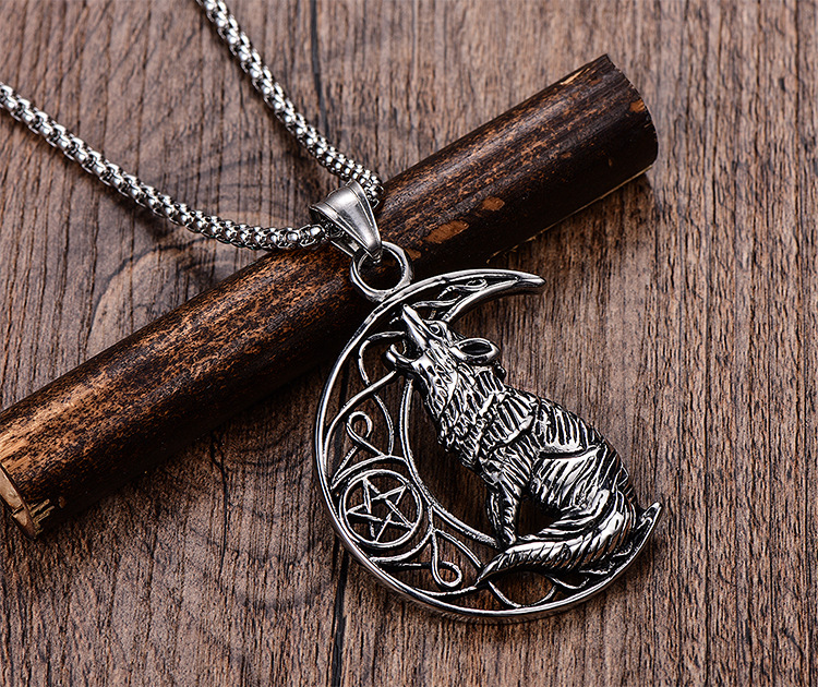 Title 2, Wolf On The Moon Pendant Necklace In Stainless ...