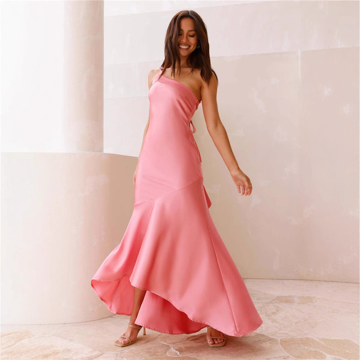 Slim-fit Oblique Shoulder Strap Backless Fishtail Dress