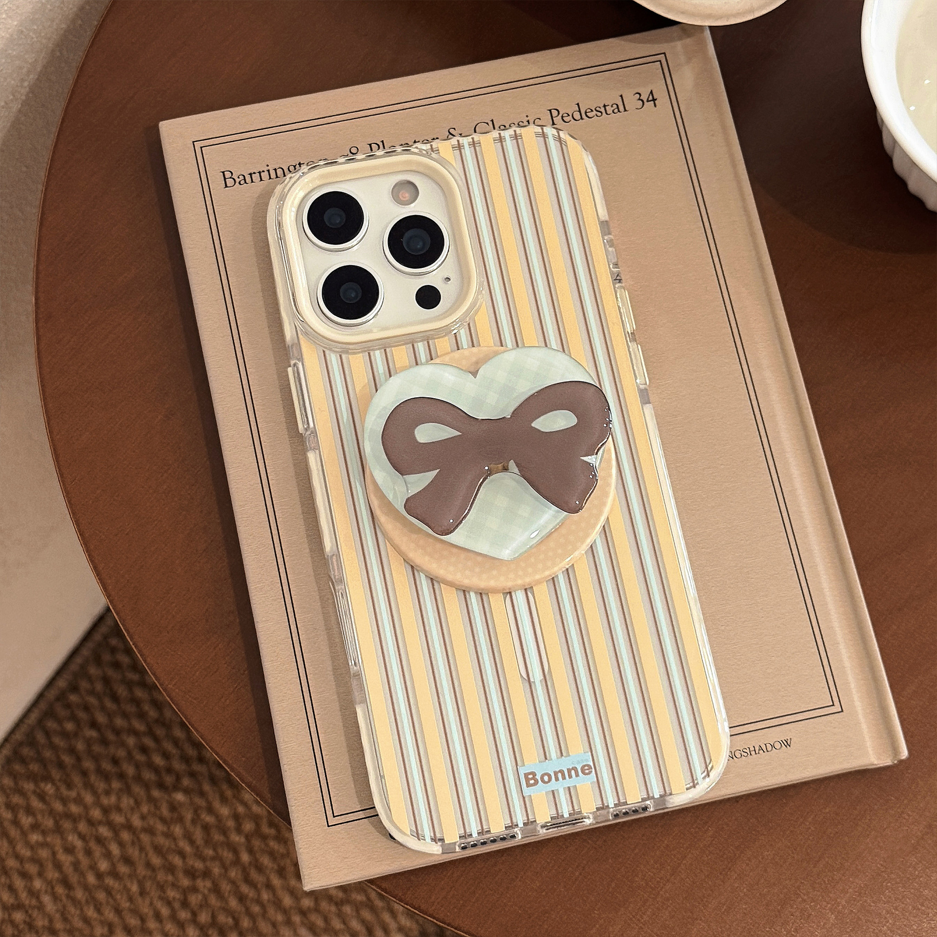 Striped Magnetic Transparent Phone Case With Rotating Bowknot Stand