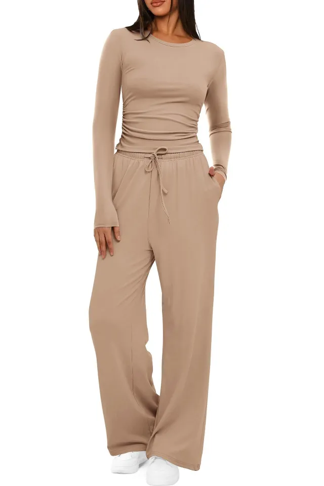 Women's Suit Autumn Winte Long Sleeve Tops High Waisted Wide Leg Pants Sportswear Female Clothes Solid Color Casual Suit Khaki - Shop at LoveMi