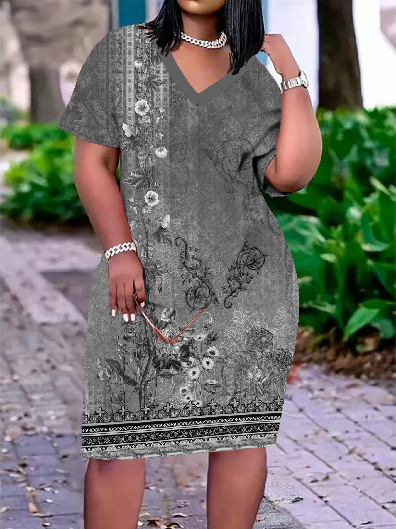 V-neck Short-sleeve Printed Dress Plus Size Skull