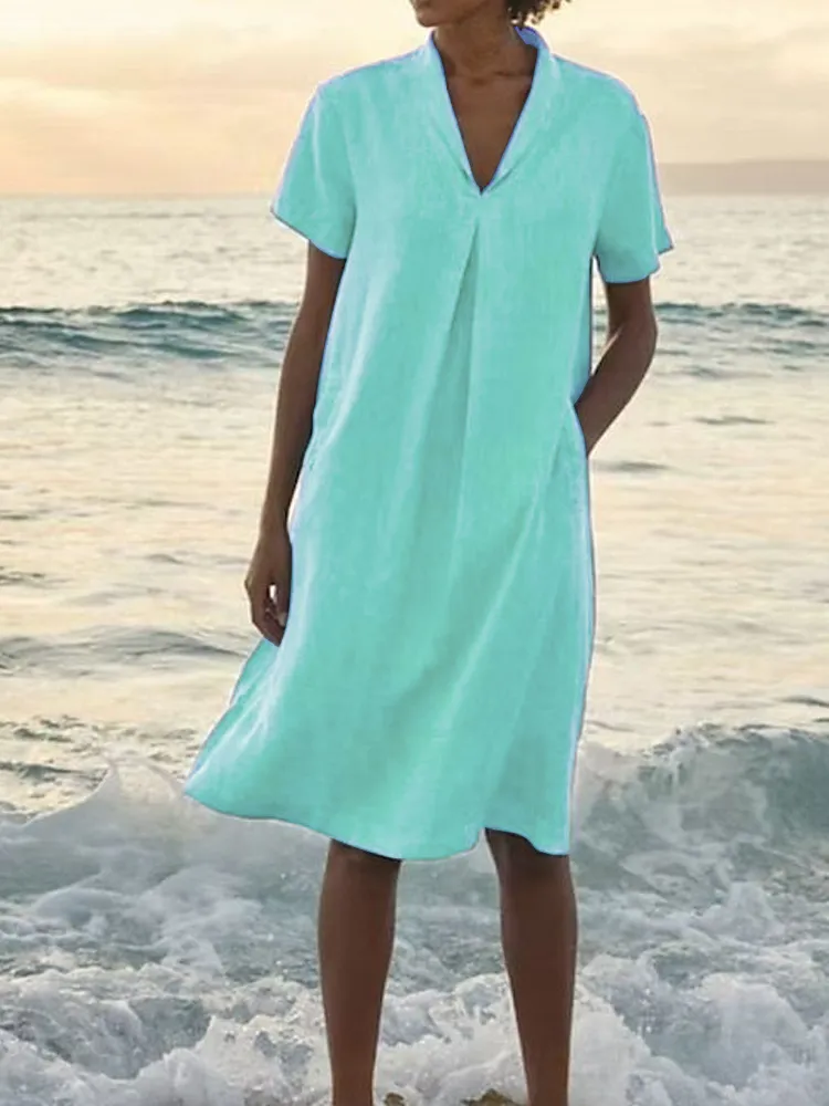 Women's Casual Loose Fashion Retro Cotton Linen Short Sleeve V-neck Pocket Dress - Light Green