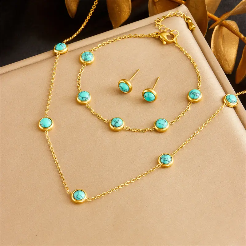 Retro All-Match Blue Turquoise Stainless Steel Jewelry
