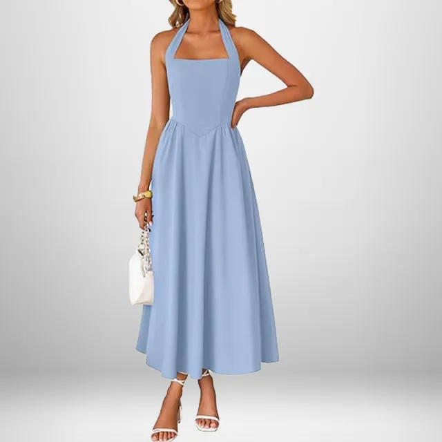Temperament Wide Camisole Halter Backless Dress Blue - Shop at LoveMi